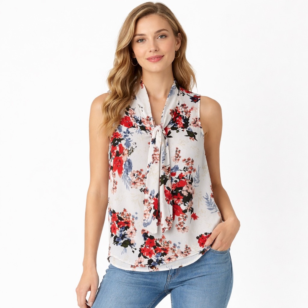 JULES & LEOPOLD Floral Tie Neck Sleeveless Blouse White S